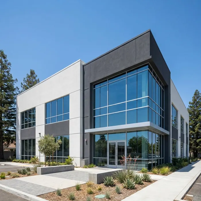 Modern commercial office building with a freshly painted facade