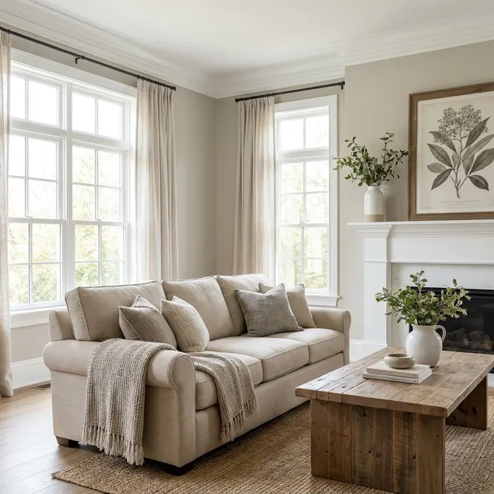 Freshly painted living room with warm neutral walls and white trim
